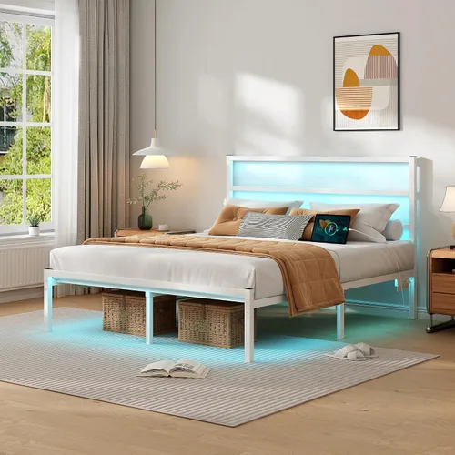 Vista 3 de CLIBFENG Marco de cama tamaño completo con cabecero, soporte de listones de acero resistente - Marco de cama LED con estación de carga USB, base
