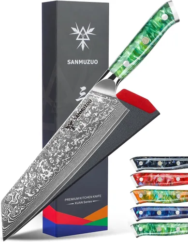 Vista 7 de Kiritsuke - Cuchillo de chef de cocina de 8.5 pulgadas, mango de acero de Damasco y resina de 67 capas, serie Xuan (naranja fantasía)