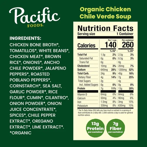 Vista 2 de Pacific Foods Sopa orgánica de pollo y chile verde con arroz y frijoles, lata de 16.3 onzas (paquete de 12)