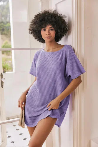 Vista 2 de Ekouaer Camisón de manga corta para mujer, de punto gofre, cómodo, informal, para cubrir