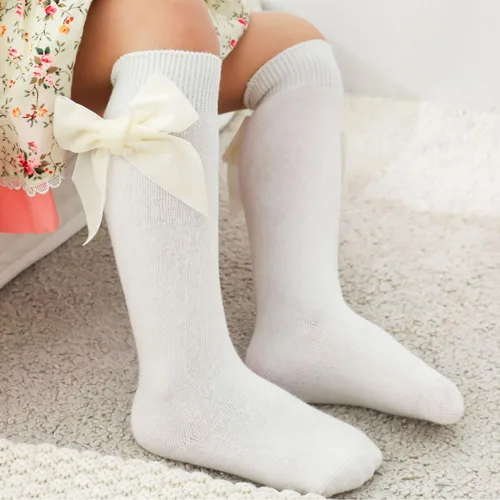 Vista 7 de Calcetines altos hasta la rodilla para bebés niñas, con lazo de punto y moño, calcetines de tubo con volantes para 0-7 años