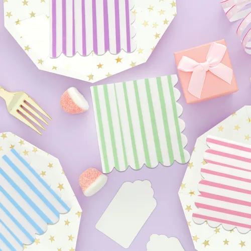 Vista 2 de 100 servilletas de cóctel boho arcoíris de papel festoneado a rayas de papel suave arcoíris helado servilleta de 5 x 5 pulgadas, color macarrón