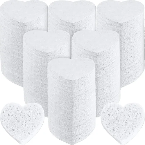 Vista 7 de Dandat 300 esponjas faciales comprimidas en forma de corazón, esponjas faciales para limpieza, almohadillas exfoliantes faciales naturales para Rosa