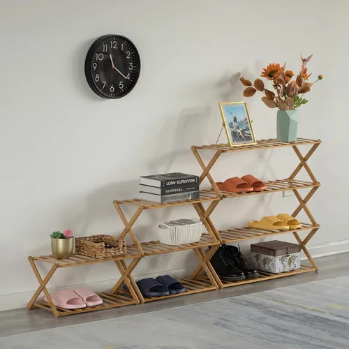 Vista 6 de Basicwise Zapatero plegable de bambú y estante de almacenamiento, organizador de madera multiusos para entrada, armario o sala de estar, soporte