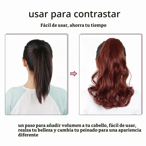 Vista 4 de Extensiones de cabello castaño rojizo, extensiones de cola de caballo con clip de garra de 16 pulgadas para mujer, cabello rizado, peluca de cola