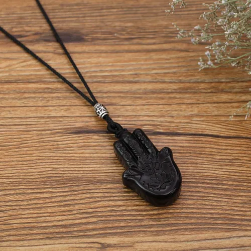 Vista 4 de COAI Collar de mano Hamsa curativa de obsidiana negra Piedra
