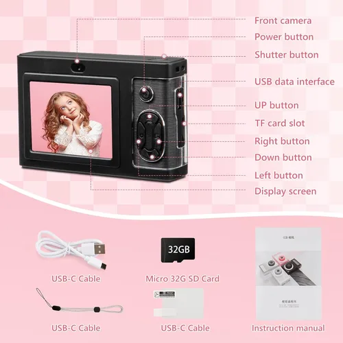 Vista 7 de Cámara digital, cámara FHD 1080P para niños con tarjeta de 32 GB, cámara digital de 48 MP con zoom 8X para apuntar y disparar, antivibraciones