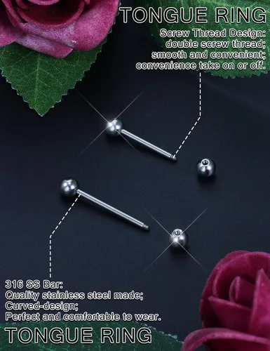 Vista 6 de Prjndjw Anillos de lengua de acero quirúrgico de 14G, anillos rectos para pezón, anillos de lengua para mujeres y hombres, longitud 0.472 in, 0.551