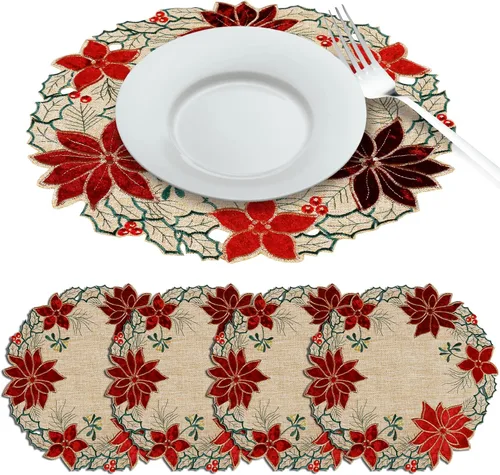 Vista 2 de OWENIE Juego de 4 manteles individuales redondos de flor de pascua de Navidad, bordados, con apliques bordados, manteles individuales de lino