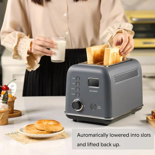 Vista 2 de BUYDEEM DT730 Tostadora motorizada, tostadora digital inteligente sin palanca de 2 rebanadas con temporizador de cuenta regresiva LCD, ajustes de 9