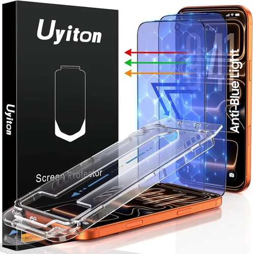 Vista 10 de Uyiton Protector de pantalla anti-luz azul para iPhone 15, protector de pantalla de vidrio irrompible de cobertura completa, resistente a