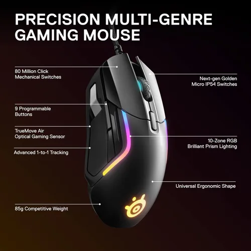Vista 3 de SteelSeries Rival 5 mouse para videojuegos con iluminación RGB PrismSync y 9botones programables, para videojuegos FPS, MOBA, MMO y battle royale