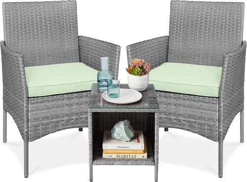 Vista 9 de Best Choice Products Juego de 3 piezas de mimbre para conversación al aire libre, muebles de patio que ahorran espacio para jardín con mesa