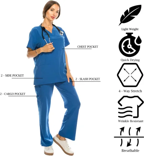 Vista 6 de Conjunto médico de 7 bolsillos con cuello en V para mujer, elástico en 4 direcciones, cómodo, peso ligero