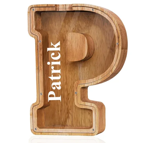 Vista 24 de Alcancía de madera grande personalizada con letras – Alcancía de letras para niños y niñas, regalo de cumpleaños (A)