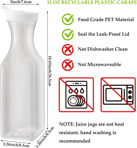Vista 2 de 3 piezas Jarra de agua de plástico de 32 oz con tapa abatible, contenedores de jugo de base cuadrada, jarra de suministros para bar de mimosa