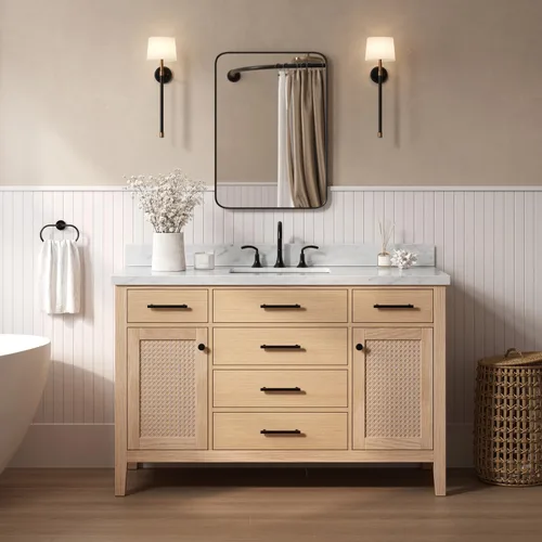 Vista 33 de ARIEL Bayhill - Tocador de baño con lavabo de 54 pulgadas, madera maciza, encimera de mármol italiano de Carrara de 1.5 pulgadas, fregadero Azul