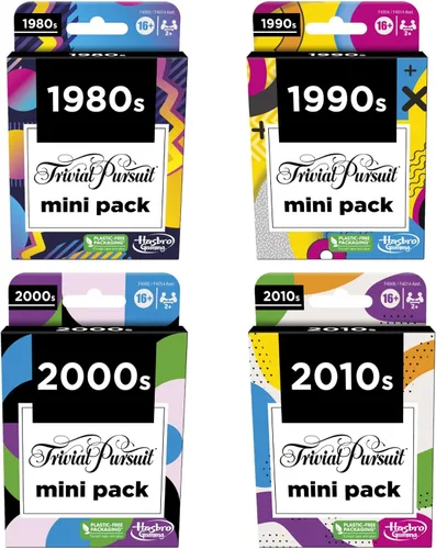 Vista 2 de Hasbro Games Trivial Pursuit Mini Packs Multipack, divertidas preguntas de trivia para adultos y adolescentes a partir de 16 años, incluye 4