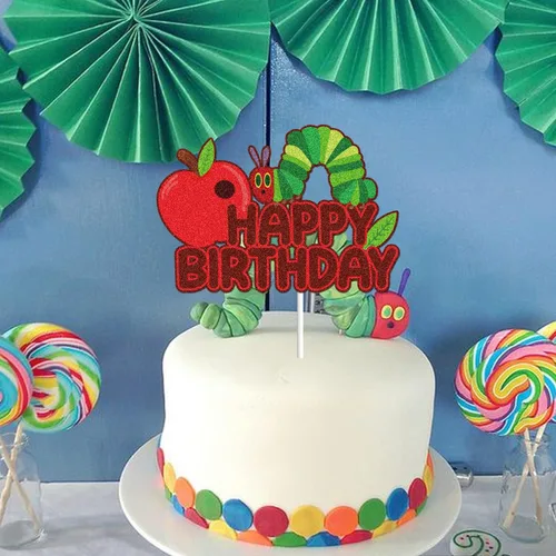 Vista 4 de Hunger Caterpillar - Decoración para pastel de cumpleaños, cuentos de hadas, oruga muy hambrienta, mariposa, decoración de pastel de cumpleaños