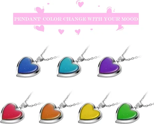 Vista 7 de Valentines Heart Mood Locket Necklace Kid Locket Color Changing Necklace Photo Pendant Temperature Sensing Mood Necklace Stainless Steel Love
