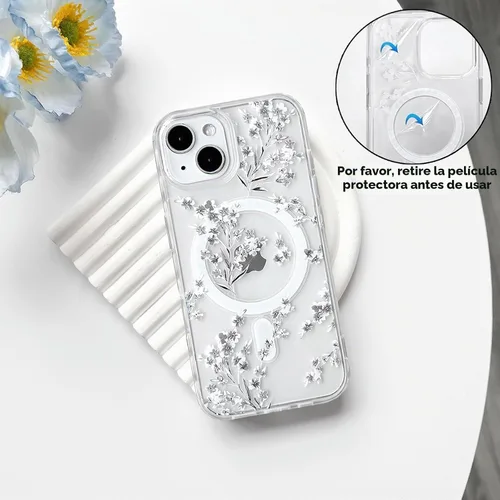 Vista 4 de NITITOP Funda magnética transparente compatible con iPhone 14 Plus/15 Plus, compatible con MagSafe lindas flores, hojas florales para mujeres
