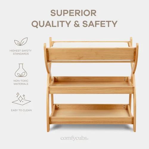 Vista 4 de Comfy Cubs Mesa Cambiadora para Bebé - Construcción de Madera Resistente, Mesa de Cambio para Bebé de Aspecto Atemporal con Dos Estantes Abiertos