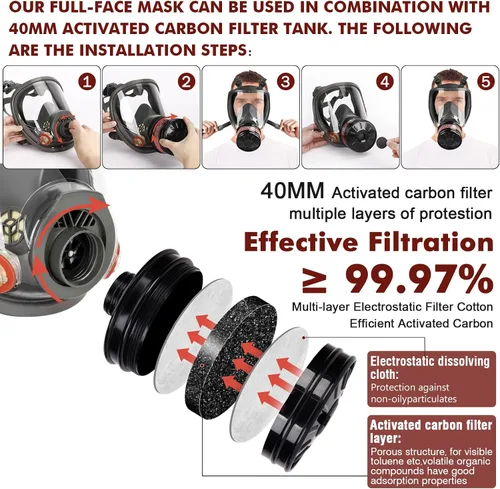 Vista 4 de Máscara respiradora contra gases, rostro completo, reutilizable, supervivencia nuclear y química, filtro carbón activado 6001 1.57″ para polvo