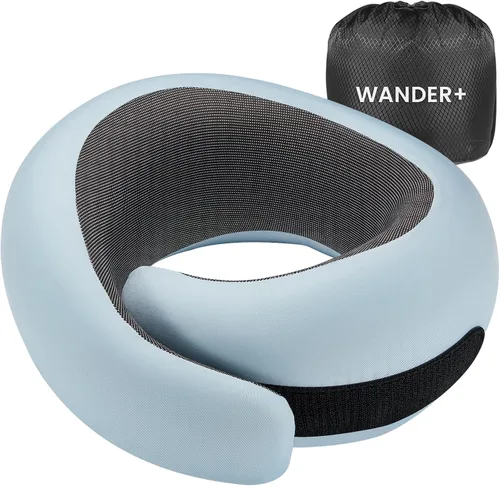 Vista 6 de Almohada de viaje WANDER PLUS®, 100% espuma viscoelástica pura, almohada cervical de viaje, soporte para el cuello en avión, diseño ergonómico Negro