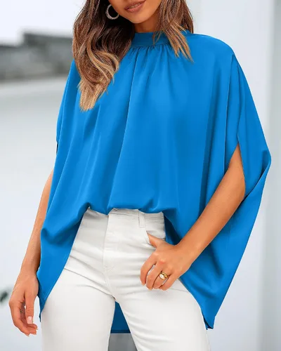 Vista 83 de BTFBM Blusas de verano para mujer, cuello alto falso, manga murciélago, holgadas, dobladillo alto y bajo, blusas informales de gran