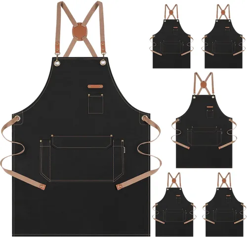 Vista 12 de Genixart Delantal de chef para hombres y mujeres con caja de regalo, delantal con espalda cruzada con bolsillos para cocina, cocina, hornear, Negro
