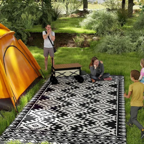 Vista 22 de Outsunny Alfombra de exterior para patio impermeable 9' x 18' rombo negro y Borde rombo negro y gris