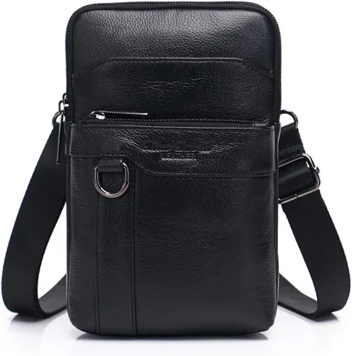 Vista 17 de Cuero Genuino Hombres Wasit Pack Con Correa De Cinturón De Hombro Bolsa De Teléfono Celular Style1-Negro