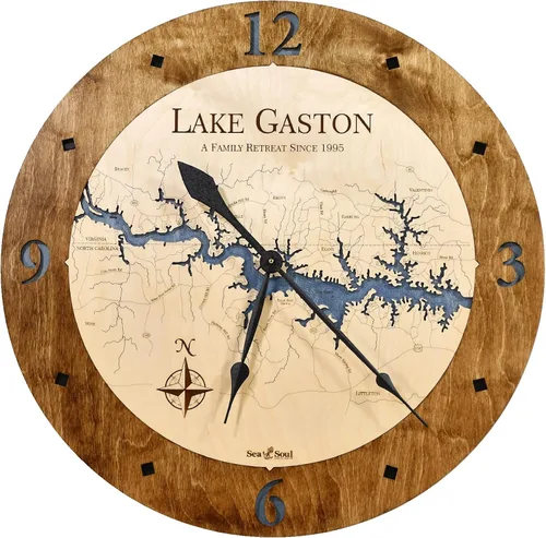 Vista 5 de Sea & Soul Lake Gaston Reloj náutico con mapa de madera 3D, reloj de profundidad de agua tallada en arte del lago, reloj de pared único, decoración