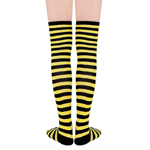 Vista 3 de American Trends Calcetines altos hasta el muslo para mujer, calcetines a rayas, medias de tubo, accesorios de cosplay, calentadores de piernas lindos