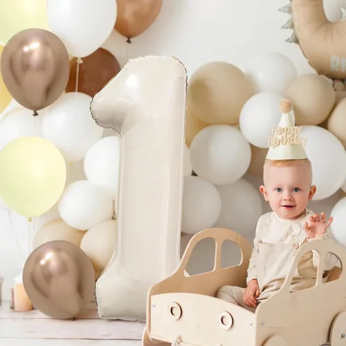 Vista 5 de Globo color crema número 1 de 40 pulgadas, color beige nude, número 1, con globos de arena blanca, globos beige nude champán, crema neutra