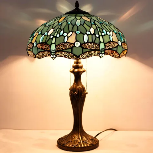 Vista 5 de WERFACTORY Tiffany Lámpara de mesa de noche de cristal azul mar, lámpara de mesa estilo libélula luz de lectura de escritorio, base de metal, 16 x