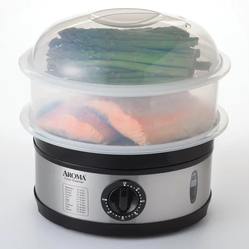 Vista 8 de AROMA® Cesta de vapor de alimentos doble y vaporizador eléctrico de arroz con nivel de agua de fácil lectura y temporizador