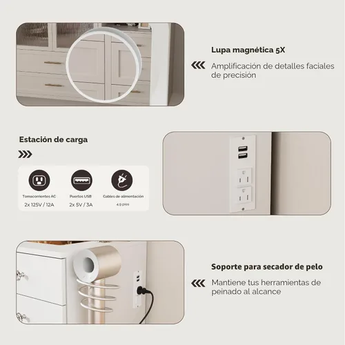 Vista 5 de Otterease Vanidad de maquillaje, espejo de tocador de 11 cajones con luces, escritorio de maquillaje con 3 modos de iluminación de brillo ajustable