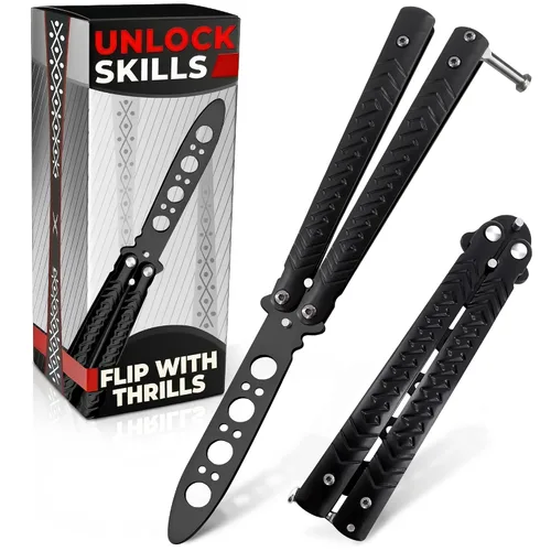 Vista 11 de Rainbow - Cuchillo de mariposa de práctica de 8.2 pulgadas con hoja embotada, cuchillo de mariposa de entrenamiento de metal con asas fuertes