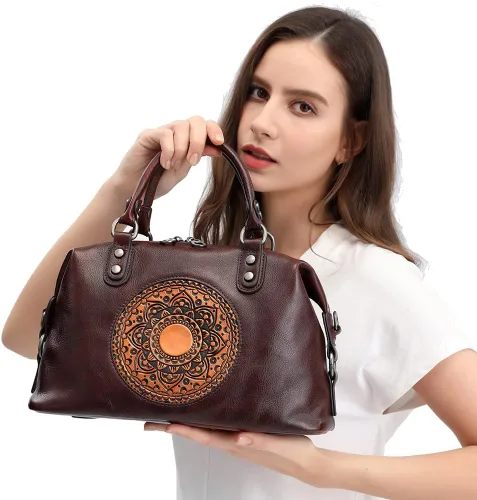 Vista 4 de Bolsos de cuero genuino para mujer, bolso cruzado retro Mandela