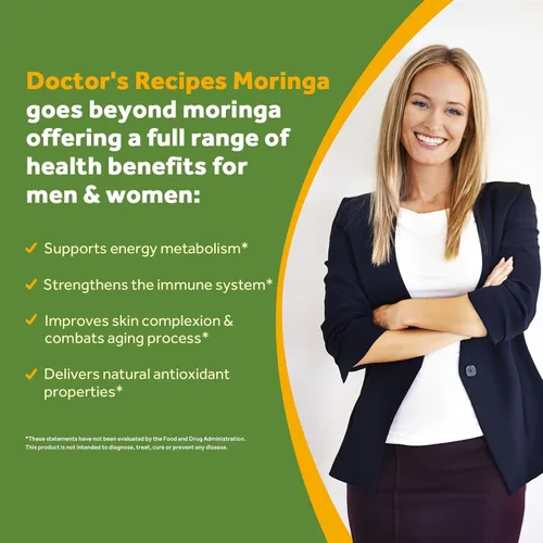 Vista 3 de Doctor's Recipes Moringa 11,000 mg de potencia, Superalimento Verde Completo, Apoyo Antioxidante Natural, Sin OMG, 60 cápsulas veganas, Sin cafeína