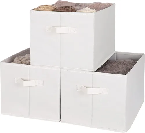 Vista 16 de WUIKE Cestas de almacenamiento para estantes, contenedores de almacenamiento de tela con asas, cesta plegable para estantes organizadores y Beige