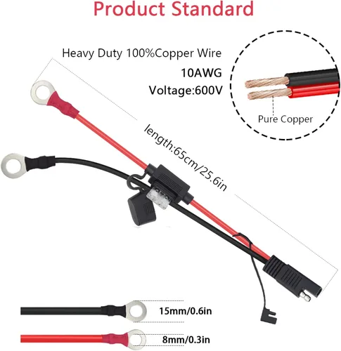 Vista 2 de Cable de extensión SAE de cobre puro 10AWG de 2 pies a terminal de anillo, conector de batería de calibre 10, cable de extensión de conexión