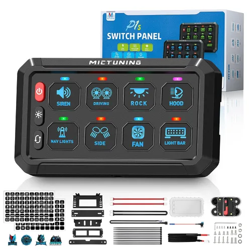 Vista 11 de MICTUNING Panel de interruptor de 12 cuadrillas P1S-B12 azul de alta potencia de 6 niveles de brillo de palanca/encendido/apagado momentáneo, caja