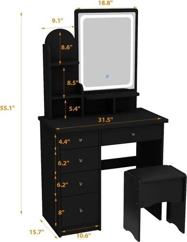 Vista 8 de Tocador con silla, tocador con espejo rectangular iluminado, 5 cajones y estantes, juego de tocador de maquillaje con almacenamiento