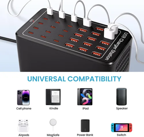 Vista 4 de Estación de carga USB C para múltiples dispositivos, bloque de cargador de 150 W y 30 puertos para teléfono celular iPad, múltiples regletas