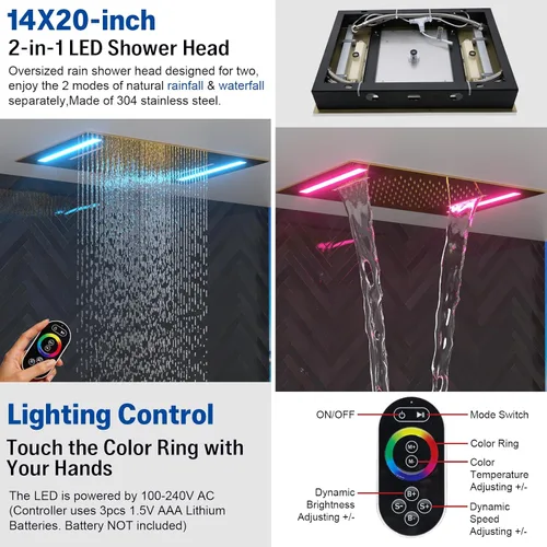 Vista 4 de ENGA Sistema de ducha dorado brillante con chorros corporales, 2 en 1 funciones de montaje en techo, cabezal de ducha LED de 14 x 20 pulgadas con 4