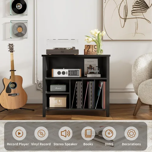 Vista 4 de Soporte para tocadiscos, gabinete de almacenamiento de discos de vinilo de mediados de siglo, soporte para tocadiscos de 3 niveles, soporte