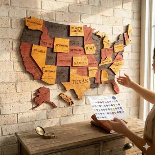 Vista 6 de Mapa de madera de EE. UU. lugares visitados - Mapa de madera de Estados Unidos con pines - Arte de pared decorativo 3D de rastreador de viajes