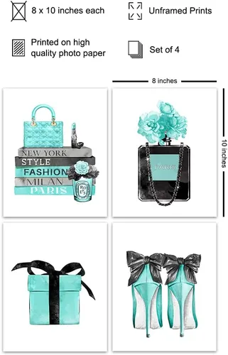 Vista 2 de Arte de pared glam azul - Perfume de diseñador, zapatos, bolsos - Regalo de diseño de alta moda para fashionista - Decoración de pared de lujo